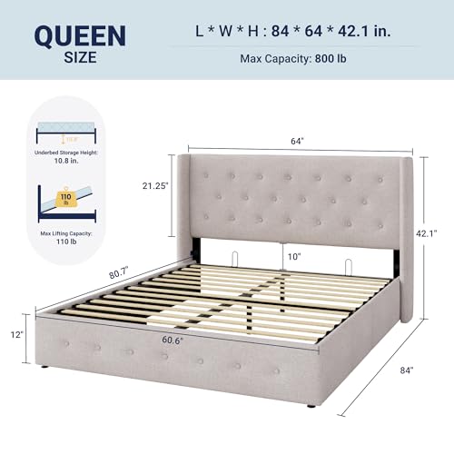 Image of Allewie Queen Size Lift Up Storage Bed, Button Tufted Headboard with Wingback, Hydraulic Support, No Box Spring Needed, Light Beige