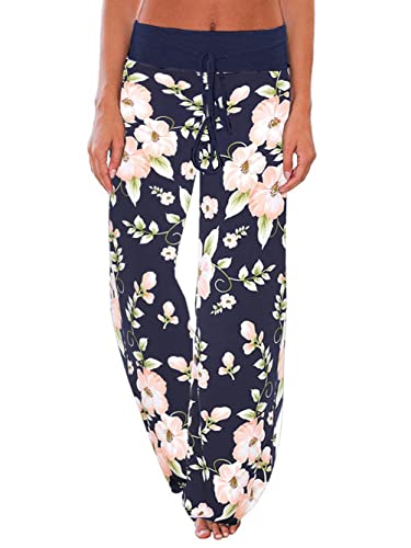 Image of iChunhua Women's Comfy Stretch Floral Print Drawstring Palazzo Wide Leg Lounge Pant
