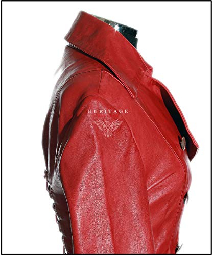 Valentina Red Ladies Women's Military Style Double Breasted Knee Length Designer Steampunk Real Soft Lambskin Leather Fashion Corset Flare Coat Tailcoat (20) steampunk buy now online