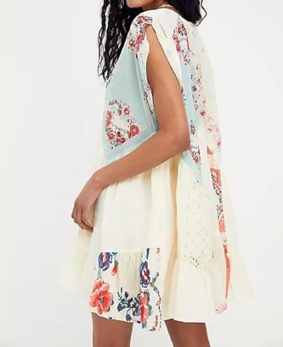 Women Bohemian Floral Mini Dress Y2K Babydoll V Neck Short Dress Loose Fit Patchwork Dress Beach4