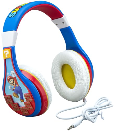 eKids Super Mario Kids Headphones, Adjustable Headband, Stereo Sound, 3.5Mm Jack, Wired Headphones for Kids, Tangle-Free, Volume Control, Childrens Headphones Over Ear for School Home, Travel
