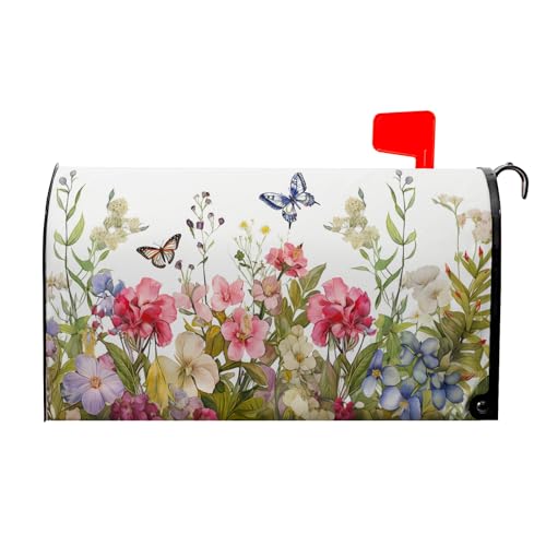 Image of Spring Welcome Mailbox Cover - Magnetic, Colorful Flowers & Butterfly Design - Standard Size 18 x 21 Inch - Summer Floral Holiday Wrap for Home, Outdoor & Garden