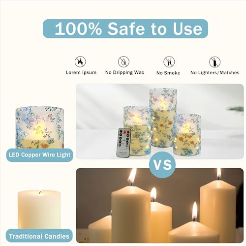 Image of Printed Flameless Candles with String Lights - Set of 3 Battery Operated Candle Flickering Floral LED Pillar Candles with Timer Remote for Home Decor Romantic Ambiance,LT