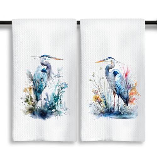 MKYFHSVGD Coastal Beach Great Blue Heron Kitchen Dish Towels, Blue Heron Gifts, Watercolor Wetland Plant Wading Bird Decorative Hand Tea Towels for Kitchen Bathroom, 16x24 Inch Set of 2