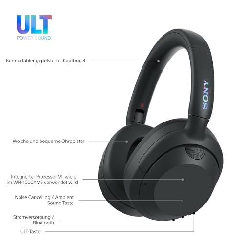 Sony ULT WEAR - Kabellose Kopfhörer mit Noise Cancelling, ULT Power Sound, ultimativer Deep Bass, selbem Prozessor wie WH-1000XM5, klare Anrufe, 30 Stunden Akkulaufzeit, iOS und Android - Schwarz