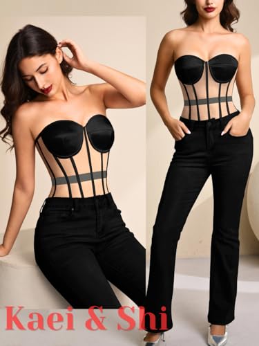 Image of Kaei&Shi Sheer Mesh Overbust Corset,Sexy Strapless Lace Up Satin Bra Corsets Top For Women Shapewear