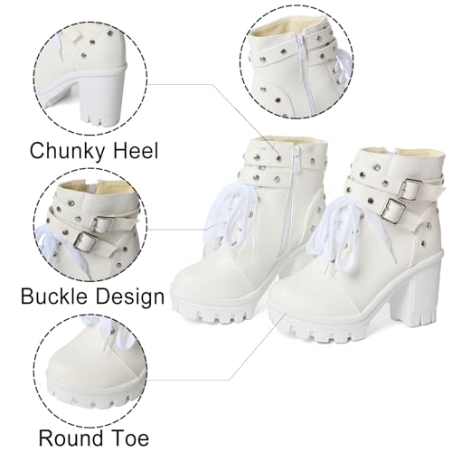 Image of FOREADA Goth Boots Chunky Heel Boot For Women Ankle Combat Booties Black Platform Bootie Buckle Rivets Punk Goth Shoes With Zipper