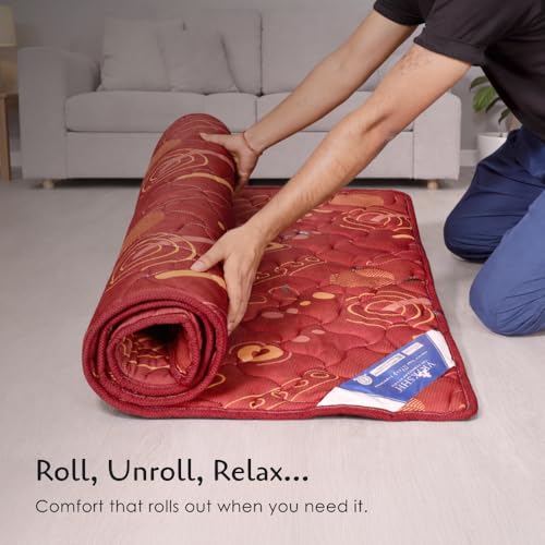 Image of Premium PU Foam Rolling Foldable Mattress for Floor | Folding /Lightweight /Travel /Yoga /Outdoor /Camping /Portable Mat, Single Size Soft Slim Gadda Roll-Up Guest Bed | 2 Inch, Red, 72x30 inches