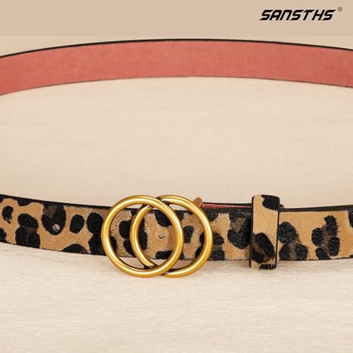 SANSTHS Skinny Black Belts for Women Fashion Ladies Thin Leather Dresses Belt for Jeans Pants Gold Buckle 0.9inch Width,leopard,XXL2