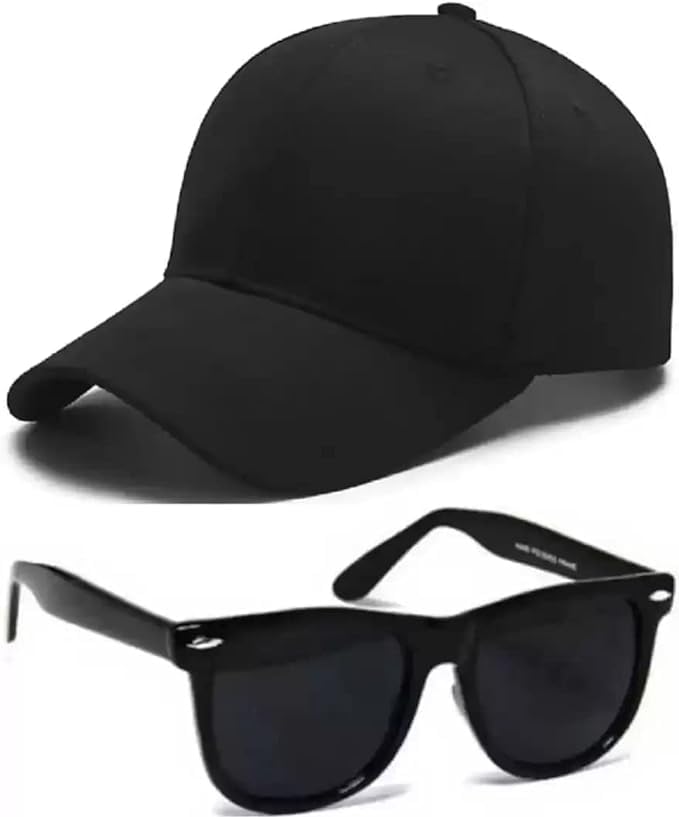 LOVELY CREATIONPolyester Brand Boy's Combo Pack of with Black Sunglass with Black Baseball Cap, Free Size