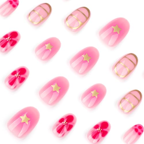 Image of Floral Press on Nails Hot Pink Fake Nails Spring Summer Nail Glossy Glue on Nails Reusable Artificial Acrylic Full Cover Star Stick on Nails Short Oval False Nails for Women Girls Manicure 24Pcs