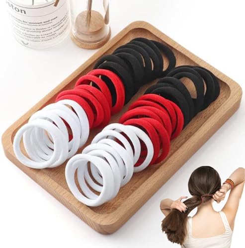 Image of BIRDWARE Black Hair Ties for Women Girls, Seamless Thick Black Hair Band, Multi color Elastic Hair Ties No Damage Ponytail Holder (30PC Black, Red, White)