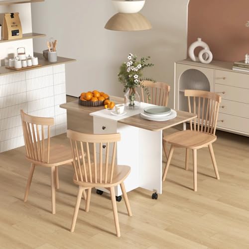 Image of TEKAVO Sora Foldable Dining Table with Storage Drawer Cabinet | Folding Space Saving Dining Table 4 Seater I Movable Table with 6 Wheels I White & Mile Oak I DIY.