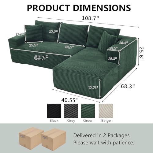 PELUMY 108.7" L-Shaped Modular Sectional Sofa with Oversized Chaise, Cloud Couch with Memory Foam, No Assembly Required Sleeper Sofa for Small Space Living Room, Apartment (Green, Corduroy) - Image 3