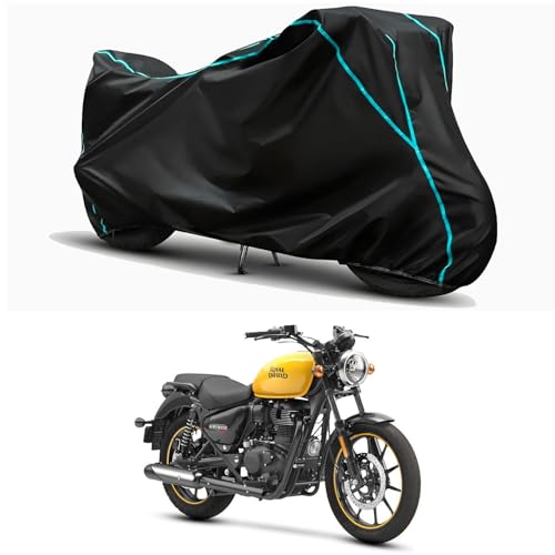 Image of Waterproof Bike Body Cover Compatible for | Royal Enfie Meteor 350 | Taffeta Fabric, Sky Piping Design, Bottom Elastic Fit | Dustproof, Sun UV & Rain Protection for All Weather.