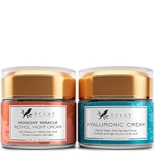 Eclat Skincare Retinol Night Cream + Hyaluronic Acid Cream Set - Retinol Moisturizer with Hyaluronic Acid + Ceramide & Vitamin B5 Hydrating Cream Anti Aging, Firming & Deep Moisture Duo 50 ml each