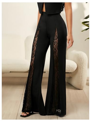 Verdusa Women's Lace Pants Flared Elegant Floral High Waisted Bell Bottoms Trousers3