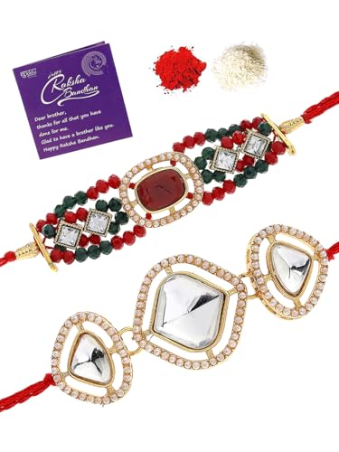 Image of Sukkhi Rakhi Excellent Kundan & Pearls Designer Gold Plated Premium Rakhi for Brother With Roli Chawal & Greeting Card | Kundan Rakhi Combo-Set of 2
