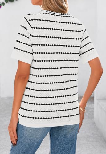 Image of NALANISA Women's Short Sleeve Sweater Spring Summer Crochet Knit Tops 2026 V Neck Striped Button Down Dressy Casual Blouses