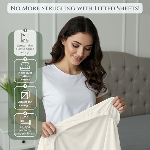 Image of Royale Linens 100% Organic Cotton King Fitted Sheet Only - Percale Weave - Super Soft Deep Pocket Bottom Sheets - Ivory Elastic Sheet - King Size Fitted Sheets Only - (78 inchx80 inch+15 inch, Ivory)