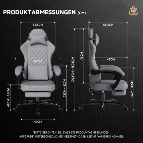 Krzesło gamingowe ze skóry PCW z funkcją masażu i podnóżkiem – ergonomiczne krzesło PC z regulowanym oparciem i synchronicznymi podłokietnikami – krzesło biurowe do 150 kg – ciemnoszare