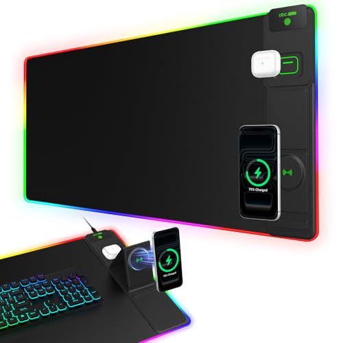 Image of RGB Gaming Mouse Pad with Magnetic Wireless Charging & Foldable Phone Stand | 31.5 inchx15.8 inch XXL Large LED Mousepad with Stitched Edges, Ultra-Smooth Waterproof Surface, 25 Lighting Effects, Non-Slip Base