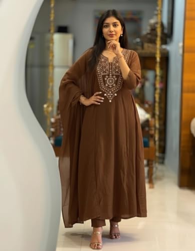 Image of ANNI Designer Women Viscose Embroidered Anarkali Kurta with Palazzo and Dupatta | Ladies Kurta Palazzo Dupatta Set | Ethnic Wear Indian Traditional Clothing for Women