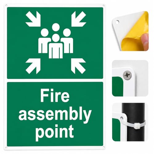 Fire Assembly Point Sign Outdoor | 40x30cm - 1mm Rigid Plastic | Muster Point Sign with 4 Pre-Drilled Holes and Self adhesive Backing