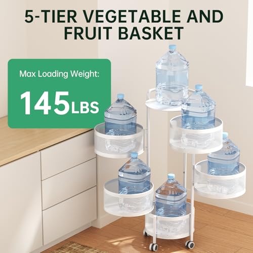 Image of JAQ No Assembly 5-Tier Kitchen Storage Cart with Wheels, Rotating Produce Organizer for Onion, Potato & Vegetable Storage, Large Capacity Pantry Rack, White