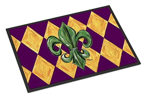 Caroline's Treasures 8133JMAT Mardi Gras Fleur de lis Purple Green and Gold Doormat 24x36 Front Door Mat Indoor Outdoor Rugs for Entryway, Non Slip Washable Low Pile, 24H X 36W