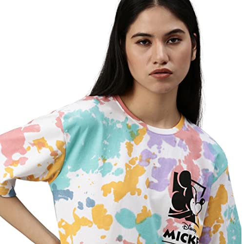 Image of Veirdo Original Disney Mickey Printed Pure Cotton Oversize Loose Baggy Fit Drop Shoulder Half Sleeves Round Neck Mickey Tit-Dye T-Shirt for Women (GL OS ST3008 TD)