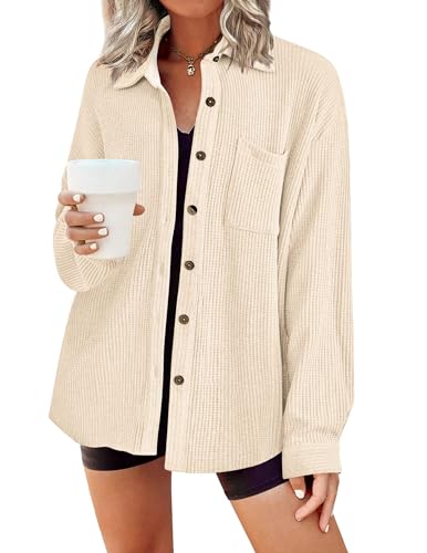 Zeagoo Bluse Damen Vintage Jacke Waffel Hemd Lose Revers Bluse Langarmshirt...