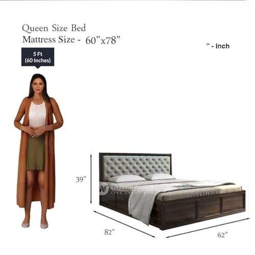 Image of DRIFTINGWOOD Dolvi Sheesham Wood Queen Size Bed with Storage | Wooden Double Bed Cot Bed with Box Storage & Rexine Upholstered Cushioned Headboard for Bedroom | Walnut Finish