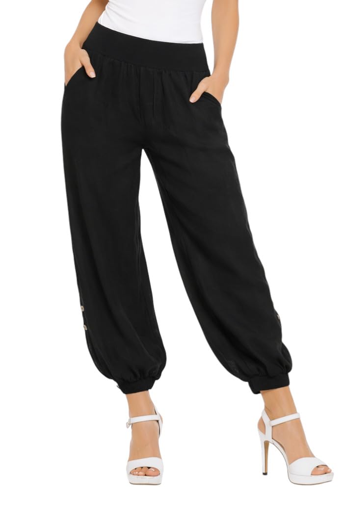 Mississhop Pantalon de loisirs décontracté pour femme en toile 100 % lin avec boutons uni - Noir - W44