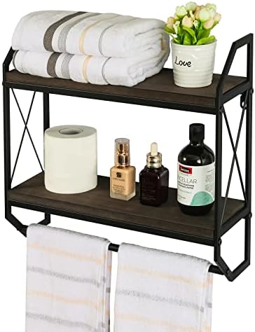 Abyssfish 2 Tier Metal Industrial Bathroom Shelves with Towel Bar Floating Storage Organizer Shelves Rustic Wall Mounted Shelves Over Toilet Towel Rack for Bathroom, Bedroom, Kitchen
