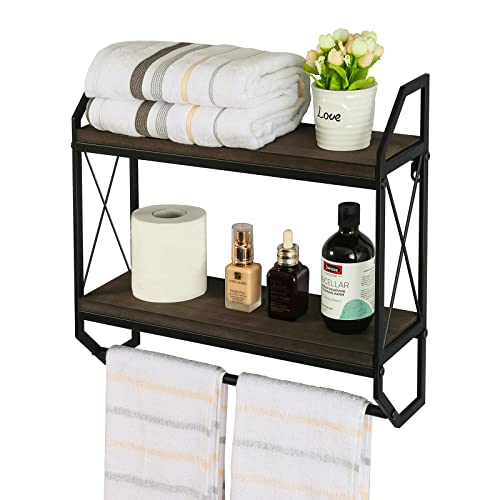 Abyssfish 2 Tier Metal Industrial Bathroom Shelves With Towel Bar Floating Storage Organizer Shelves Rustic Wall Mounted Shelves Over Toilet Towel Rack For Bathroom, Bedroom, Kitchen #TOP15
