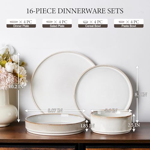 Image of E-far 16 Piece Dinnerware Sets, Plates and Bowls with Pasta Bowls Service for 4, Modern Stoneware Ribbed Dishes for Kitchen Dining, Microwave & Dishwasher Safe, Creamy Beige