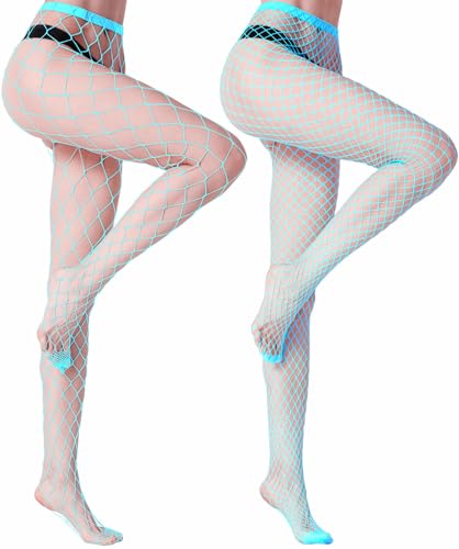 MengPa Womens Fishnets Tights High Waist Stockings Party Thigh High Pantyhose 2Pcs (Blue-(L&XL Gride)) 2446