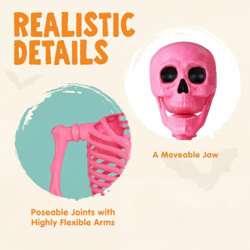 Image of JOYIN 5.6 FT Halloween Posable Skeleton Life Size, Giant Outdoor Yard Skeletons, Pink Plastic Skeleton with Movable Joints for Haunted House Props, Halloween Decorations, Spooky Scary Skeletons Party