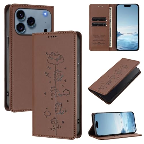 Étui portefeuille iPhone 13 Pro marron en cuir avec motif chat et fermeture magnétique