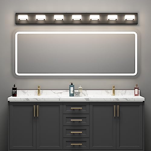 Image of Ralbay 46 inch LED Matte Black Vanity Lights 7 Lights Acrylic Metal Black Modern Vanity Lights Black Bathroom Lighting Fixtures Over Long Mirror (Natural White Light 4500K)