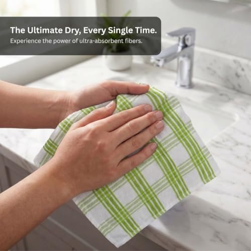 Image of Athom Living Premium Hand Towels- Cotton, 400 GSM, Ultra Soft, Quick Dry, Highly Absorbent | for Hand, Kitchen and Gym | 60 * 40 cm, Pack of 4 (Green Strips)