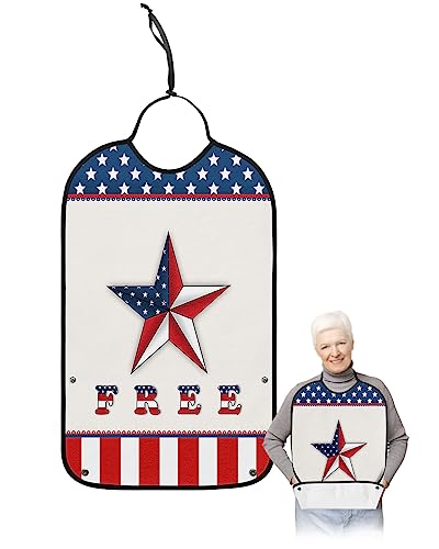 4th of July Adult Bibs for Eating, Waterproof Bibs with Food Catcher & Adjustable Snap Closure, Independence Day USA Flag Star Red Stripes Washable Clothing Protectors Adult Bibs for Elderly Women/Men