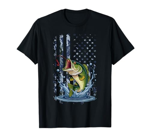 Pesca Retro Bandera Americana de Estados Unidos Bass Fish Fisherman Camo Bass Camiseta