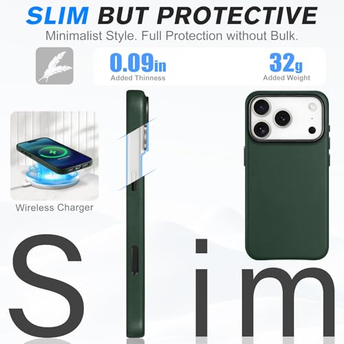 Image of SHIELDON Genuine Leather Case for iPhone 17 Pro 6.3 inch 2025, Midnight Green | Compatible with MagSafe, Magnetic Wireless Charging, Camera Button, Metal Buttons, Camera Bezel, Slim, Shockproof, Women Men