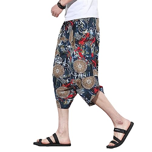 Pantalon 3/4 homme en coton lin style sarouel Harajuku ample