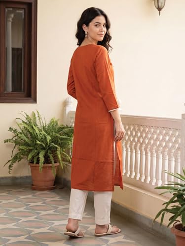 Image of INDO ERA Women Viscose Rayon Straight Fit Straight Floral Embroidered Kurtas