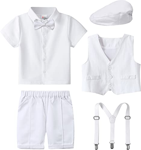 A&J DESIGN 5pcs Toddler Baby Boys Suit Set, 12 Months - 3T, Gentleman Suit Shirt & Shorts & Vest & Hat & Bow Tie3