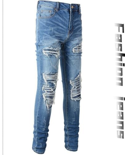 Jeans Pants Trouser Denim Street Trendy Wear Hole Patch Water Washed Blue Grinding Fading Elastic Slimming Edge Casual Small Foot for Men(Light Blue,33)4