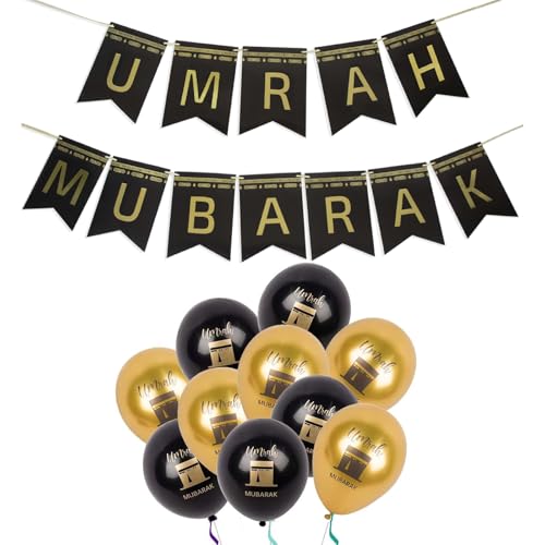 GZGRYTRC 11PCS Umrah Mubarak Decoration Banner - Graduation Party with Balloons Black White Gold